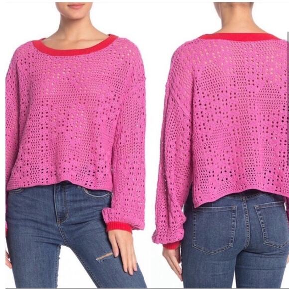 Free People Bright Pink Red Home Run Crop Sweater Pullover Contrast Neck Cuff XS - Picture 2 of 7